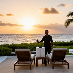 Caribbean Holidays, Luxury Holidays, Elegant luxury hotel terrace overlooking the Caribbean Sea at sunset, with comfortable loungers and discreet attentive service