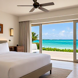 Caribbean Holidays, Luxury Holidays, Elegant luxury resort suite in Turks and Caicos with a private terrace, soft natural colours and views of the sea