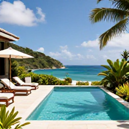 Caribbean Holidays, Luxury Holidays, Elegant oceanfront suite in Saint Lucia with private plunge pool, sun loungers and tropical garden
