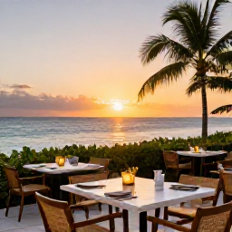Caribbean Holidays, Luxury Holidays, Elegant outdoor restaurant at sunset overlooking the sea on Providenciales, Turks and Caicos Islands