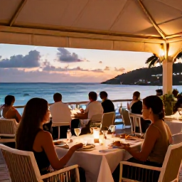 Caribbean Holidays, Luxury Holidays, Elegant outdoor restaurant in Grand Case, Saint Martin, sunset dining with Caribbean seafood, soft lighting and views across the sea