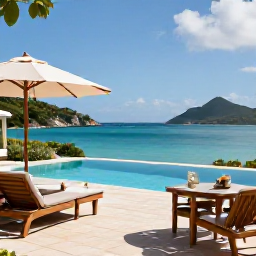 Caribbean Holidays, Luxury Holidays, Elegant private villa terrace overlooking a calm Caribbean bay on Saint Barth&eacute;lemy, with a swimming pool and outdoor dining area