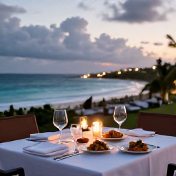 Caribbean Holidays, Luxury Holidays, Elegant Saint Lucian dinner overlooking the Caribbean at dusk, with local dishes and soft candlelight