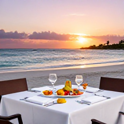Caribbean Holidays, Luxury Holidays, Fine dining table on a beachfront terrace in Turks and Caicos at sunset, with fresh seafood and elegant table settings