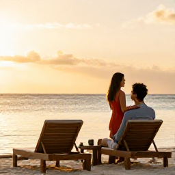 Caribbean Holidays, Luxury Holidays in May, Couple enjoying a quiet Caribbean beach at sunset in May, elegant resort loungers, calm water and warm golden light