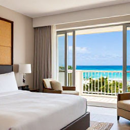 Caribbean Holidays, Luxury Holidays in May, Elegant Caribbean hotel suite with balcony overlooking the sea in May, crisp linens, natural light and refined furnishings