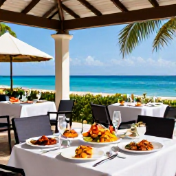 Caribbean Holidays, Luxury Holidays in May, Luxury Caribbean resort dining terrace in May, fresh seafood, tropical setting, elegant tables and ocean views