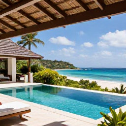 Caribbean Holidays, Luxury Holidays, Luxury beach villa in Tobago with private pool, shaded terrace, tropical garden and views across the Caribbean Sea