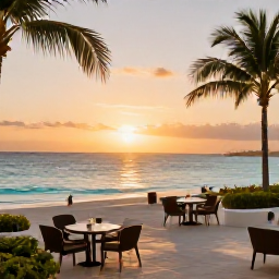 Caribbean Holidays, Luxury Holidays, Luxury beachfront resort in Cura&ccedil;ao at sunset in December, with calm turquoise water, palm trees and elegant outdoor seating