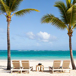 Caribbean Holidays, Luxury Holidays, Luxury beachfront resort in Punta Cana, Dominican Republic, with palm trees, turquoise sea and elegant sun loungers