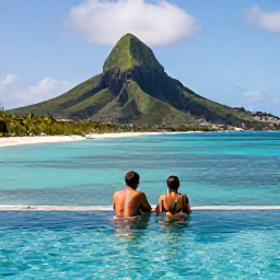 Caribbean Holidays, Luxury Holidays, Luxury Caribbean holiday scene with a couple relaxing beside an infinity pool overlooking the sea and lush volcanic hills on Saint Kitts and Nevis