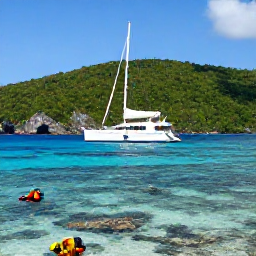 Caribbean Holidays, Luxury Holidays, Luxury catamaran sailing along the Tobago coastline in bright sunshine, with snorkellers near a coral reef and green forested hills behind