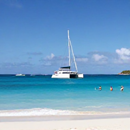 Caribbean Holidays, Luxury Holidays, Luxury catamaran sailing beside Saint Martin, with guests swimming in clear blue water near a quiet beach