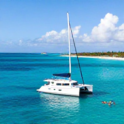 Caribbean Holidays, Luxury Holidays, Luxury catamaran sailing through turquoise waters near Turks and Caicos, with snorkellers and a sunny coastline in the background