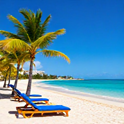 Caribbean Holidays, Luxury Holidays, Luxury Cura&ccedil;ao beach with sun loungers, turquoise sea and palm trees under a clear blue sky