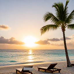 Caribbean Holidays, Luxury Holidays, Luxury Dominican Republic beach holiday at sunset, with palm-fringed shore, calm turquoise water and comfortable loungers