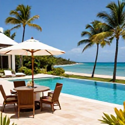 Caribbean Holidays, Luxury Holidays, Luxury Guadeloupe villa with private pool overlooking a tropical bay, palm trees and elegant outdoor dining area