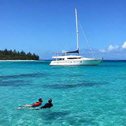 Caribbean Holidays, Luxury Holidays, Luxury sailing yacht anchored beside a deserted Grenadine island with snorkellers exploring clear turquoise water