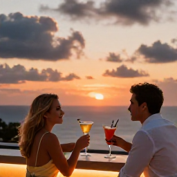 Caribbean Holidays, Luxury Holidays, Luxury Saint Martin sunset scene with a couple at a rooftop bar, glowing sky, sea views and elegant cocktails