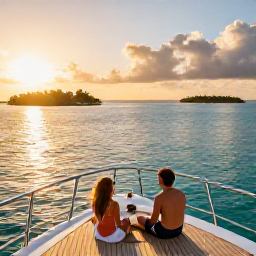 Caribbean Holidays, Luxury Holidays, Luxury yacht cruising past small Bahamian islands at sunset with clear water and a relaxed couple on deck