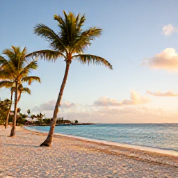 Caribbean Holidays, Luxury Holidays, Peaceful white-sand beach in Saint Martin at golden hour with palm trees, calm sea and luxury holiday atmosphere