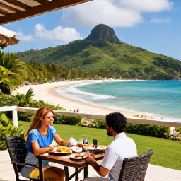 Caribbean Holidays, Luxury Holidays, Private villa terrace overlooking a tropical beach in Tobago, with a couple enjoying breakfast and lush green hills in the background