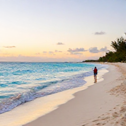 Caribbean Holidays, Luxury Holidays, Quiet white-sand beach with turquoise sea, gentle waves and a couple walking at sunset in the Turks and Caicos Islands