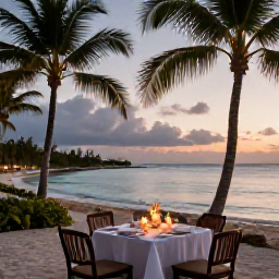 Caribbean Holidays, Luxury Holidays, Romantic fine dining table on a Bahamian beach at dusk with candles, palm trees and calm sea