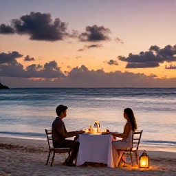 Caribbean Holidays, Luxury Holidays, Romantic luxury dinner for two on a Caribbean beach in Tobago, lanterns, elegant table setting and sunset over the sea