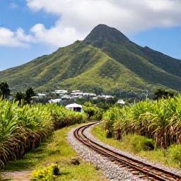 Caribbean Holidays, Luxury Holidays, Scenic luxury holiday excursion on Saint Kitts, showing the historic railway winding through lush sugar cane fields towards green mountains