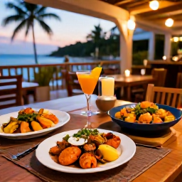 Caribbean Holidays, Luxury Holidays, Stylish restaurant serving Caribbean cuisine in Trinidad and Tobago, with fresh seafood, tropical fruit and warm evening lighting