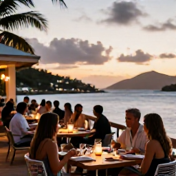 Caribbean Holidays, Luxury Holidays, Stylish waterfront restaurant in Gustavia, Saint Barth&eacute;lemy, with diners enjoying Caribbean cuisine at sunset