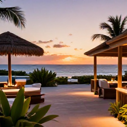 Caribbean Holidays, Luxury Holidays, Sunset over a luxurious Guadeloupe resort terrace with tropical plants, soft lighting and ocean views