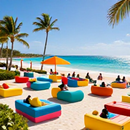 Caribbean Holidays, Luxury Instagram, Colourful Caribbean beach club with stylish day beds, palm trees, sparkling sea and guests enjoying a relaxed afternoon