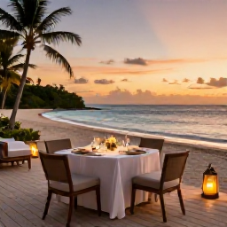 Caribbean Holidays, Luxury Instagram, Elegant Caribbean sunset dinner on a beachfront terrace, lanterns glowing, tropical sea in the background and beautifully set table