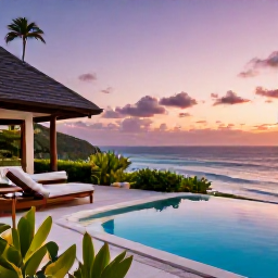 Caribbean Holidays, Luxury Instagram, Luxury private villa terrace in the Caribbean with a plunge pool, ocean views, tropical plants and a sunset sky