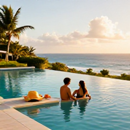Caribbean Holidays, Luxury Instagram, Stylish infinity pool at a luxury Caribbean hotel overlooking the ocean at golden hour, with a couple relaxing beside the pool