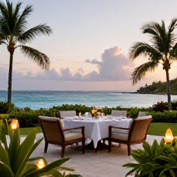 Caribbean Holidays, Luxury Jamaica May, Elegant Jamaican luxury hotel terrace overlooking the Caribbean Sea at sunset, tropical gardens and relaxed fine dining