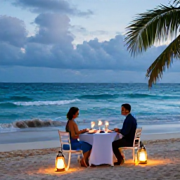 Caribbean Holidays, Luxury Jamaica May, Romantic luxury dinner for two on a Jamaican beach at dusk, lanterns, gentle waves and tropical evening sky