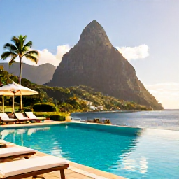 Caribbean Holidays, Luxury January Holidays, A luxury resort overlooking the Pitons and turquoise Caribbean Sea in Saint Lucia, warm January sunshine, elegant poolside setting