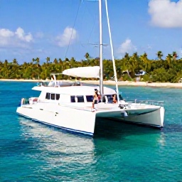 Caribbean Holidays, Luxury January Holidays, Couple enjoying a private catamaran cruise on clear Caribbean water near the Dominican Republic, with palm-fringed coastline in the background