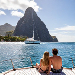 Caribbean Holidays, Luxury January Holidays, Couple sailing on a private catamaran past the Pitons in Saint Lucia, sparkling sea, bright January sky and relaxed luxury holiday atmosphere
