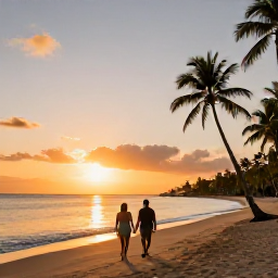Caribbean Holidays, Luxury January Holidays, Couple walking along a quiet golden beach in Saint Lucia at sunset, palm trees, calm Caribbean Sea and luxurious holiday ambience