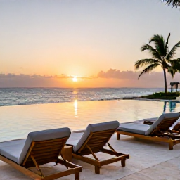 Caribbean Holidays, Luxury January Holidays, Elegant beachfront hotel terrace with comfortable loungers, infinity pool and calm Caribbean water at sunset in Punta Cana