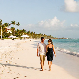 Caribbean Holidays, Luxury January Holidays, Happy couple walking along a quiet white-sand beach in the Dominican Republic during January, warm sunshine and luxury resort in the distance