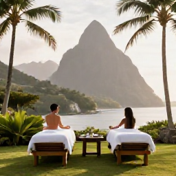 Caribbean Holidays, Luxury January Holidays, Luxury couple's spa treatment beside a tropical garden in Saint Lucia, calm natural setting, soft daylight and Caribbean holiday mood
