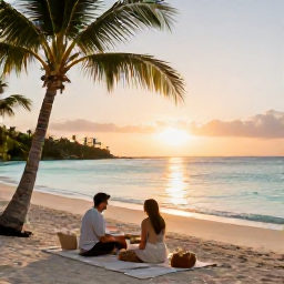 Caribbean Holidays, Luxury June Holidays, Couple enjoying a private Caribbean beach picnic beside calm turquoise water at sunset, elegant setting and palm trees
