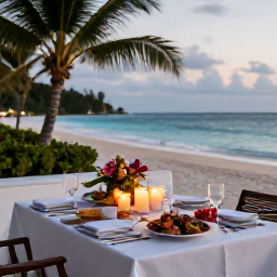 Caribbean Holidays, Luxury June Holidays, Elegant Caribbean dinner on a beachfront terrace at dusk, candles, fresh seafood, tropical flowers and calm sea