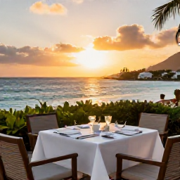 Caribbean Holidays, Luxury June Holidays, Elegant luxury hotel terrace overlooking a Caribbean bay at sunset on Saint Martin, stylish dining table and soft golden light