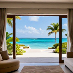 Caribbean Holidays, Luxury June Holidays, Elegant luxury resort suite overlooking the Caribbean Sea, open doors, private terrace, stylish furnishings and tropical greenery